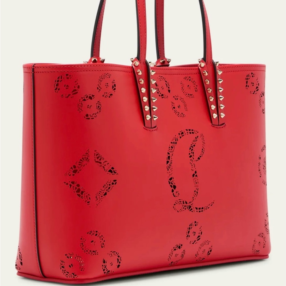 Christian Louboutin Cabata Red Laser-Cut Leather Tote with Studded Straps